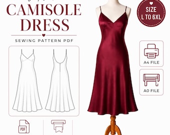 Puede incluir: Un vestido camisero de satén rojo oscuro con escote en V y tirantes finos sobre un maniquí. La imagen incluye el texto V Neck CAMISOLE DRESS SEWING PATTERN PDF, SIZE L TO 6XL, A4 FILE, A0 FILE y dibujos técnicos de líneas del vestido.