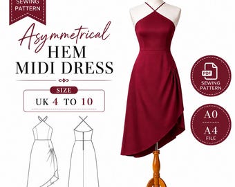 Puede incluir: Un patrón de costura para un vestido midi de dobladillo asimétrico en color rojo oscuro. La imagen muestra el vestido en un maniquí, dibujos técnicos de línea del frente y la espalda, y etiquetas de texto indicando tallas UK 4 a 10, formato PDF y archivos A0/A4.