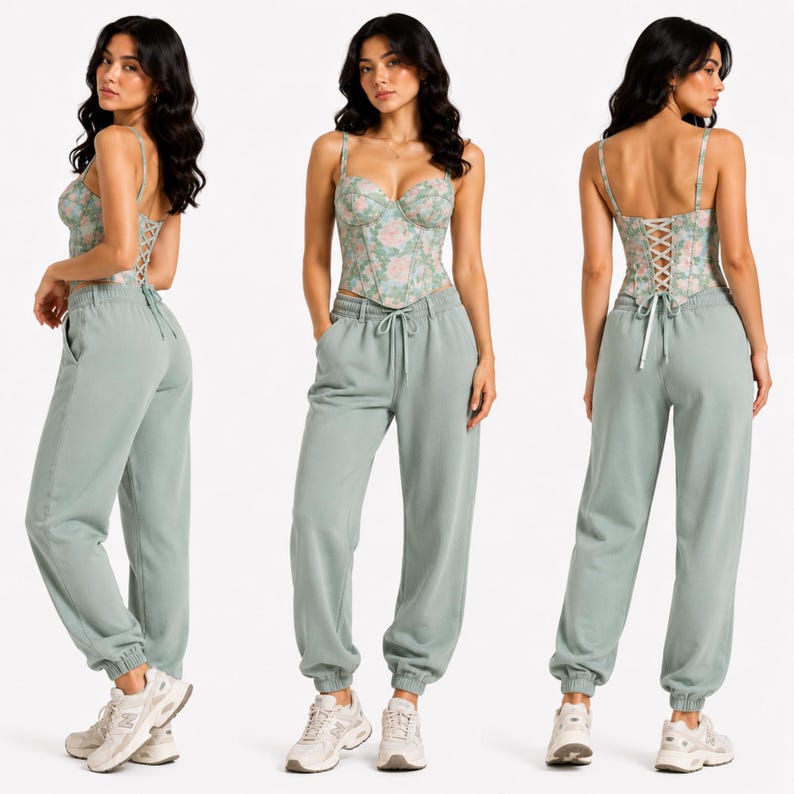 May include: A three-panel image shows a floral print corset top with spaghetti straps and a lace-up back, paired with matching sage green sweatpants. The corset features a light green background with pink floral patterns. The sweatpants have a drawstring waist and cuffed ankles.