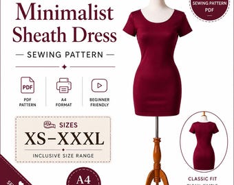 Puede incluir: Un patrón de costura digital para un vestido ajustado de manga corta en color burdeos intenso. La imagen muestra el vestido en un maniquí de frente y de espaldas, con texto que indica formato PDF, tamaño A4 y un rango de tallas de XS a XXXL.