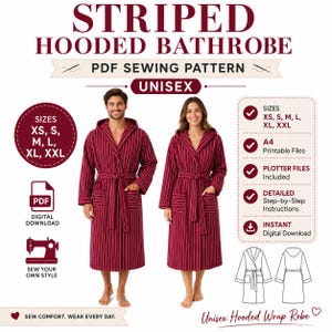 May include: A PDF sewing pattern for a unisex striped hooded bathrobe. The design features a long-sleeved robe with a hood, tie belt, and two front pockets. The pattern includes sizes XS, S, M, L, XL, and XXL, with A4 and plotter files included.