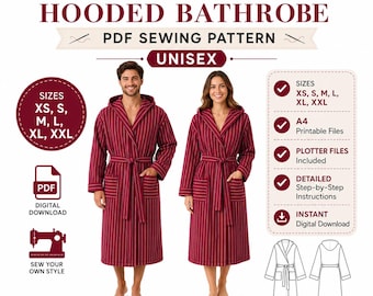 Puede incluir: Un patrón de costura en PDF para una bata de baño con capucha a rayas unisex. El diseño incluye una bata de manga larga con capucha, cinturón y dos bolsillos delanteros. Tallas XS, S, M, L, XL, XXL, con archivos A4 y plotter incluidos.