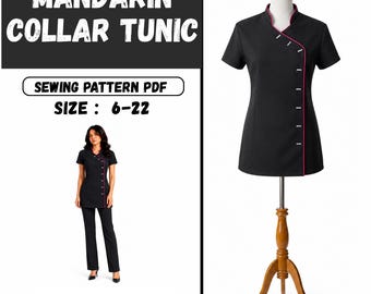 Puede incluir: Túnica negra con cuello mandarín y ribete rosa, exhibida en un maniquí y usada por una modelo. La túnica tiene mangas cortas y cierre de botones. La imagen incluye el texto "MANDARIN COLLAR TUNIC" y "SEWING PATTERN PDF SIZE: 6-22".