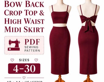 Puede incluir: Un conjunto de dos piezas color burdeos que consta de un top corto y una falda midi de cintura alta. El top tiene tirantes finos y un detalle de lazo en la espalda. El texto dice: Bow Back Crop Top & High Waist Midi Skirt, PDF Sewing Pattern, Sizes 4-30.