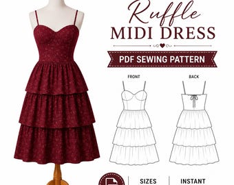 Puede incluir: Un vestido midi de color rojo oscuro con escote corazón, tirantes finos y tres volantes escalonados, expuesto en un maniquí. La imagen incluye el texto TIERED Ruffle MIDI DRESS PDF SEWING PATTERN y dibujos lineales de frente y espalda.