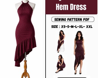 Puede incluir: Vestido burdeos con dobladillo asimétrico sobre un maniquí. El vestido tiene un cuello halter y un dobladillo con volantes. La imagen incluye el texto "Asymmetrical Hem Dress" y "SEWING PATTERN PDF". Tallas disponibles: XS-XXL.