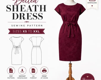 Puede incluir: Un patrón de costura digital para un vestido tubo con cinturón en tallas de la XS a la XXL. La imagen muestra un vestido rojo oscuro con un sutil estampado floral en un maniquí, junto a dibujos técnicos del frente y la espalda.