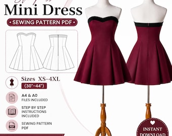 Puede incluir: Un patrón de costura PDF para vestido corto sin tirantes, mostrando un vestido granate con escote corazón negro en un maniquí. Incluye vistas frontal y trasera, tallas XS-4XL (76-112 cm), archivos A4 y A0, e instrucciones paso a paso.