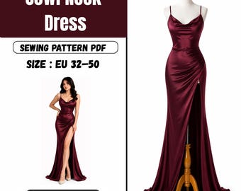 Puede incluir: Vestido burdeos con cuello de cisne y abertura alta, mostrado en un maniquí y una modelo. El vestido es de material sedoso. La imagen incluye el texto "Cowl Neck Dress", "Sewing Pattern PDF" y "Size: EU 32-50".
