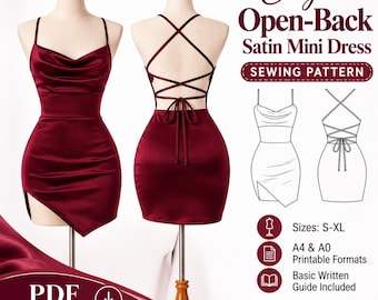 Slip Dress PDF Sewing Pattern S XL, A4 A0 Printable Pattern, Cowl Neck Mini Dress, Lace Up Back, Side Slit Women's Dress Pattern
