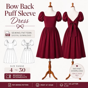 May include: A digital sewing pattern for a Bow Back Puff Sleeve Dress. The image displays two maroon dresses on mannequins, one front view and one back view with a bow, alongside technical line drawings and text: Bow Back Puff Sleeve Dress.