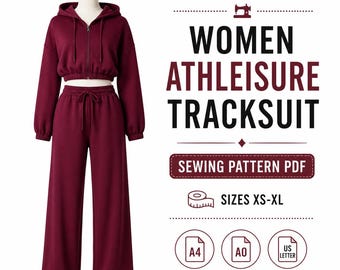 Puede incluir: Un conjunto deportivo color burdeos sobre un maniquí, con sudadera corta con cremallera y capucha, y pantalones anchos con cordón. El texto dice: WOMEN ATHLEISURE TRACKSUIT SEWING PATTERN PDF SIZES XS-XL A4 FILES A0 FILES US LETTER FILES.