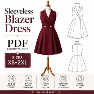 Puede incluir: Un vestido tipo blazer sin mangas en color burdeos con cuello de solapa y cierre de doble botonadura. La imagen incluye el texto: Sleeveless Blazer Dress, PDF Sewing Pattern, Sizes XS-2XL, A4 & A0 Formats, Instant Digital Download, Layered PDF Pattern, Copy Shop Format, Sewing Pattern Only, Digital Product.