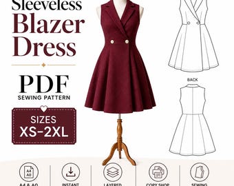 Puede incluir: Un vestido tipo blazer sin mangas en color burdeos con cuello de solapa y cierre de doble botonadura. La imagen incluye el texto: Sleeveless Blazer Dress, PDF Sewing Pattern, Sizes XS-2XL, A4 & A0 Formats, Instant Digital Download, Layered PDF Pattern, Copy Shop Format, Sewing Pattern Only, Digital Product.