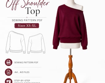Puede incluir: Una blusa color burdeos con hombros descubiertos sobre un maniquí. La imagen incluye el texto Off Shoulder Top, Sewing Pattern PDF, Sizes XS-XL, A4, A0 files y step-by-step sewing instructions, junto a un dibujo lineal de la prenda.