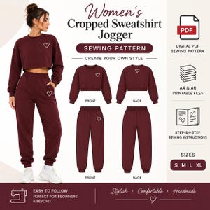 Op de afbeelding: Een digitaal naaipatroon voor een set bestaande uit een cropped sweatshirt en een joggingbroek in donkerrood. Het patroon toont voor- en achteraanzichten van de top en broek, elk met een klein hartje. Inclusief PDF, A4, A0 bestanden en instructies.