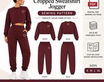 Puede incluir: Un patrón de costura digital para un conjunto de sudadera corta y pantalón de chándal en color burdeos. El patrón muestra vistas frontales y traseras de la parte superior y el pantalón, cada uno con un pequeño corazón. Incluye PDF, A4, A0 e instrucciones.
