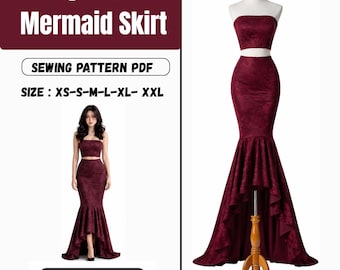 Puede incluir: Un patrón de costura PDF de falda sirena alta-baja en color burdeos. La imagen muestra un conjunto de dos piezas con un top sin tirantes y una falda sirena con dobladillo alto-bajo. Las tallas del patrón son XS-S-M-L-XL-XXL. Un maniquí exhibe el conjunto.