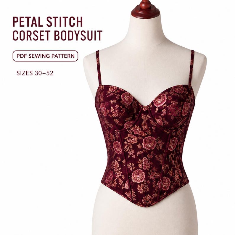 May include: A burgundy corset bodysuit with a floral pattern, displayed on a mannequin. The garment features thin straps and a sweetheart neckline. Text on the image reads "PETAL STITCH CORSET BODYSUIT", "PDF SEWING PATTERN", and "SIZES 30-52".