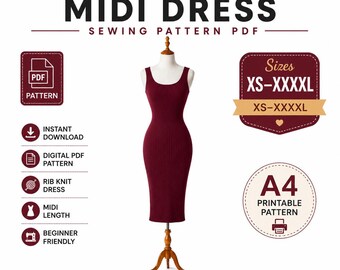 Patrón de costura para vestido midi ajustado de canalé, tallas XS-5XL, PDF / Descarga instantánea. Patrón de vestido de punto / Vestido midi ajustado sin mangas para mujer.