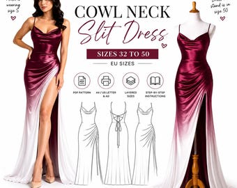 Puede incluir: Un patrón de costura digital PDF para un vestido con cuello en V y abertura. El vestido es un degradado de borgoña a blanco, con una abertura alta. El patrón incluye tallas 32 a 50 tallas de la UE. La imagen también muestra un modelo que usa la talla S y un vestido en un maniquí en la talla 50.
