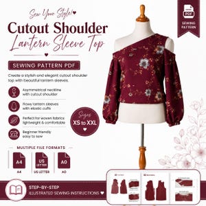 Puede incluir: Un patrón de costura en PDF para un top granate con estampado floral, que presenta un escote asimétrico, hombros descubiertos y mangas largas tipo farol con puños elásticos. El patrón incluye tallas de la XS a la XXL e instrucciones ilustradas.