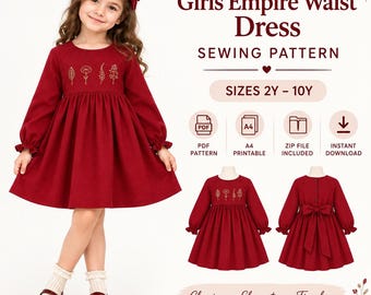 Patrón de costura en PDF para vestido de niña con cintura imperio, vestido de corte A con mangas raglán, patrón de vestido para bebé niña con lazo en la espalda, tallas de 2 a 10 años.