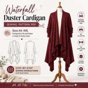 May include: A digital sewing pattern for a burgundy waterfall duster cardigan. The image displays the text Waterfall Duster Cardigan, Sewing Pattern PDF, and sizes XS-XXL. It includes a technical line drawing of the garment and icons for PDF, US Letter, A0 copy shop file, layers option, and beginner friendly instructions.