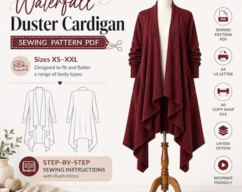 Puede incluir: Un patrón de costura digital para un cárdigan tipo cascada color burdeos. La imagen muestra el texto Waterfall Duster Cardigan, Sewing Pattern PDF y las tallas XS-XXL. Incluye un dibujo técnico de la prenda e iconos para PDF, A4, archivo A0, opción de capas e instrucciones para principiantes.