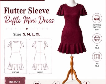 Puede incluir: Un vestido corto color burdeos con mangas de volante y bajo con volantes sobre un maniquí. La imagen incluye el texto: SEWING PATTERN PDF, Flutter Sleeve Ruffle Mini Dress, Sizes S, M, L, XL, FRONT, BACK, INSTANT DOWNLOAD, EASY TO SEW, BEGINNER FRIENDLY, FLATTERING FIT, A4 FILE, A0 FILE.