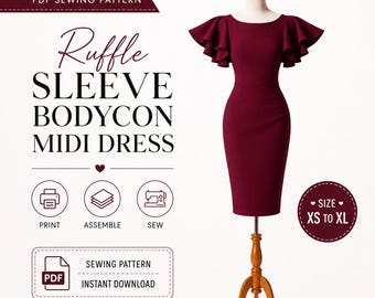 Puede incluir: Un vestido midi color burdeos con mangas de volantes sobre un maniquí. El texto dice: PDF SEWING PATTERN, Ruffle SLEEVE BODYCON MIDI DRESS, PRINT, ASSEMBLE, SEW, SEWING PATTERN INSTANT DOWNLOAD y SIZE XS TO XL. El vestido tiene una silueta ajustada.