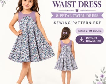 Puede incluir: Un patrón de costura en PDF para un vestido de talle imperio con cuerpo morado y falda con estampado floral en azul, morado y blanco. El texto dice GIRLS' EMPIRE WAIST DRESS, 8-PETAL TWIRL DRESS, SEWING PATTERN PDF, SIZES 2-10 YEARS, INSTANT DOWNLOAD.