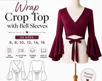 Puede incluir: Un top corto cruzado de color burdeos con mangas acampanadas largas sobre un maniquí. La imagen incluye el texto: SEWING PATTERN PDF, Wrap Crop Top with Bell Sleeves, US SIZES: 6, 8, 10, 12, 14, 16, PDF PATTERN, A4, US LETTER & A0, LAYERED SIZES, EASY TO FOLLOW, Beginner Friendly, PRINT, CUT, SEW.