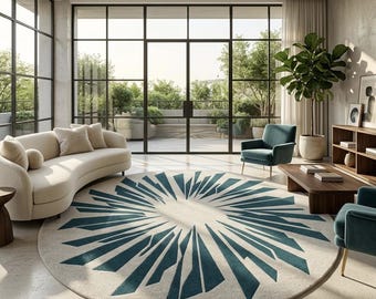 May include: A large circular area rug featuring a cream-colored base with a dark teal geometric sunburst pattern radiating from the center. The design consists of sharp, angular shards that create a bold contrast against the light background.