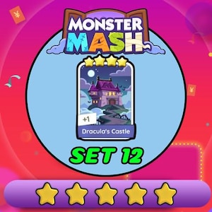 May include: A digital game card titled Dracula's Castle from the Monster Mash set 12. The card features a purple castle under a night sky with a full moon, four yellow stars at the top, and a white label indicating +1 quantity at the bottom.