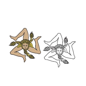 May include: Two Trinacria symbols featuring a central human head with three bent legs radiating outward. One version is rendered in tan and gold tones with wheat stalks, while the other is a black and white line drawing on a plain background.