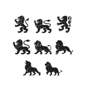 May include: A collection of eight black silhouette illustrations of lions in various poses. The set includes lions standing, walking, and rearing, each depicted with detailed manes and tails, arranged in three rows against a plain white background.