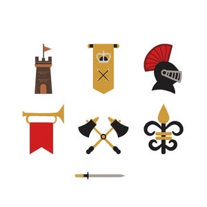 Puede incluir: Una colección de siete parches bordados con motivos medievales: una torre de piedra marrón, un estandarte dorado con una corona, un casco negro con cresta roja, una trompeta dorada con bandera roja, dos hachas negras cruzadas, una flor de lis negra y una espada.