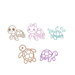 May include: A collection of five cartoon turtle illustrations in various colours. The turtles are depicted in different poses, with one wearing a small bow on its head and another surrounded by small circular bubbles, all rendered in simple line art.