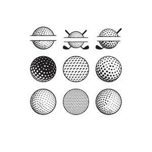 Può includere: Una collezione di nove illustrazioni grafiche in bianco e nero raffiguranti palline da golf. Tre disegni includono una linea di divisione orizzontale, due dei quali incorporano anche mazze da golf incrociate. I restanti sei sono motivi circolari.