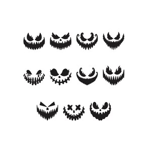 May include: A collection of eleven distinct black graphic silhouettes featuring various spooky, jagged, and expressive facial expressions, including sharp teeth, wide grins, and hollow eyes, arranged in three rows on a plain white background.