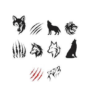 Puede incluir: Una colección de diez iconos gráficos que presentan cabezas de lobo negras, siluetas de lobos aullando y diseños de marcas de garras. Un conjunto de marcas de garras es de color rojo brillante, mientras que los demás elementos son negros.