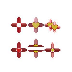 May include: A collection of six red Zia sun symbols arranged in two rows. The designs feature variations including a plain center, a yellow heart, two small yellow hearts, a red heart, a split center with a yellow sun, and a small yellow heart.