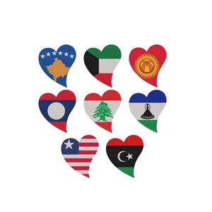 May include: A collection of heart-shaped designs, each featuring a flag pattern. Flags include Kosovo, Kuwait, Kyrgyzstan, Laos, Lebanon, Lesotho, Liberia, and Libya. The hearts are arranged against a white background.