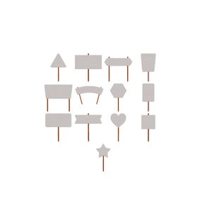 May include: A collection of thirteen light gray signs with a textured grid pattern, each mounted on a thin brown wooden stake. The signs feature various shapes including triangles, rectangles, hexagons, hearts, stars, and curved banners for display.