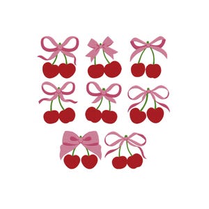May include: A collection of eight embroidered cherry motifs, each featuring two bright red cherries with green stems tied together with a decorative pink ribbon bow. The designs are arranged in a grid pattern against a plain white background.