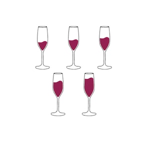 May include: Five tall, slender champagne flutes arranged in a pattern, each featuring a black outline and filled with varying levels of deep magenta liquid. The glasses have thin stems and circular bases, presented against a plain white background.