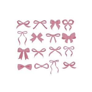 Puede incluir: Una colección de dieciséis ilustraciones de lazos rosas dispuestas en una cuadrícula de cuatro por cuatro. Cada lazo presenta una forma única, desde diseños simples anudados con cintas largas hasta lazos anchos y estructurados con texturas.