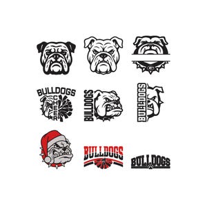 Puede incluir: Una colección de nueve ilustraciones gráficas en blanco y negro con cabezas de bulldog, algunas con collares de pinchos, otras con el texto BULLDOGS o CHEER, y un bulldog con un gorro de Papá Noel rojo y blanco con detalles en texto rojo.