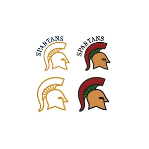 May include: Four embroidered patches featuring a Spartan helmet design. Two patches are gold with blue text reading SPARTANS, while two are multi-colored with a red crest, green accents, and black text reading SPARTANS in a curved arc above.